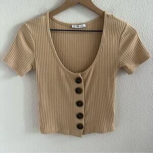 Zara Trafaluc Statem Button Neutral Rounded Neckline Y2K 90s Trendy Top US Small